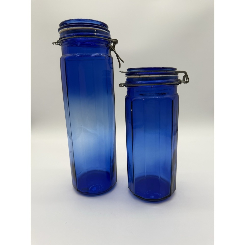 VTG Set Of 13" & 10" Cobalt Blue Glass 12-Panel Wire Bail Clamp Canisters w/Lids - Picture 2 of 9